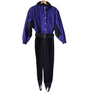 TYROLIA Vintage One Piece Ski Suit 8 Purple Black Snowsuit Boot Stretch Stirrups